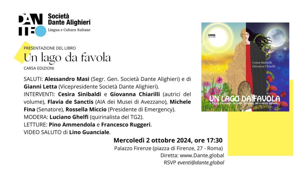 «Un lago da favola», presentazione del volume presso Società Dante Alighieri (Roma, Piazza Firenze, 27) il 2 ottobre alle ore 17:30