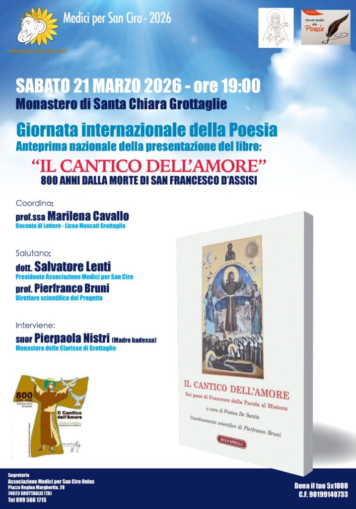 Al Monastero delle Clarisse di Grottaglie l’anteprima nazionale di «San Francesco 800: Il Cantico dell’Amore». 21 Marzo ore 19.00
