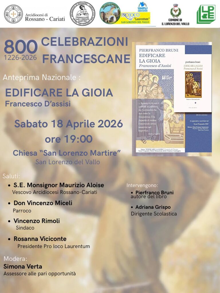 Oggetto: Anteprima nazionale del volume “EDIFICARE LA GIOIA. Francesco d’Assisi” — Sabato 18 aprile 2026, ore 19:00