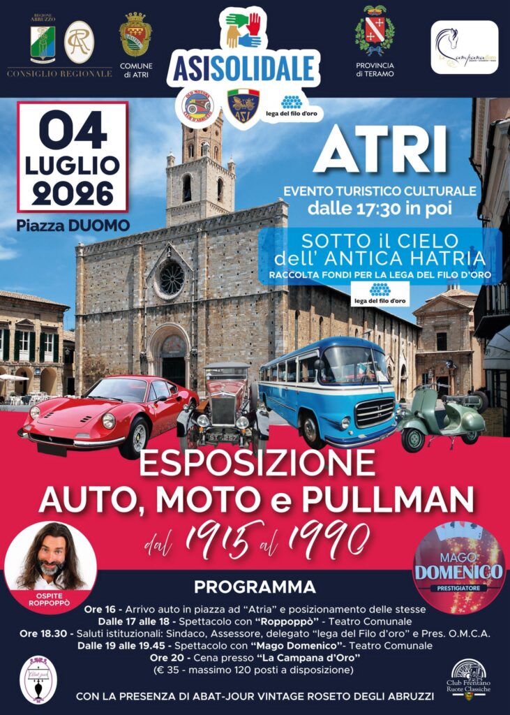 Torna l’evento motoristico “Sotto il cielo dell’Antica Hatria”. Atri, sabato, 4 luglio, dalle ore 17 alle 24, Atri (piazza del Teatro e Duomo)