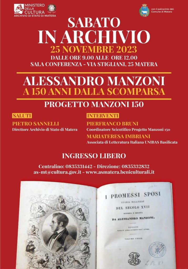 A Matera Archivio di Stato (Mic) si discute delle celebrazioni di Manzoni con Pierfranco Bruni 