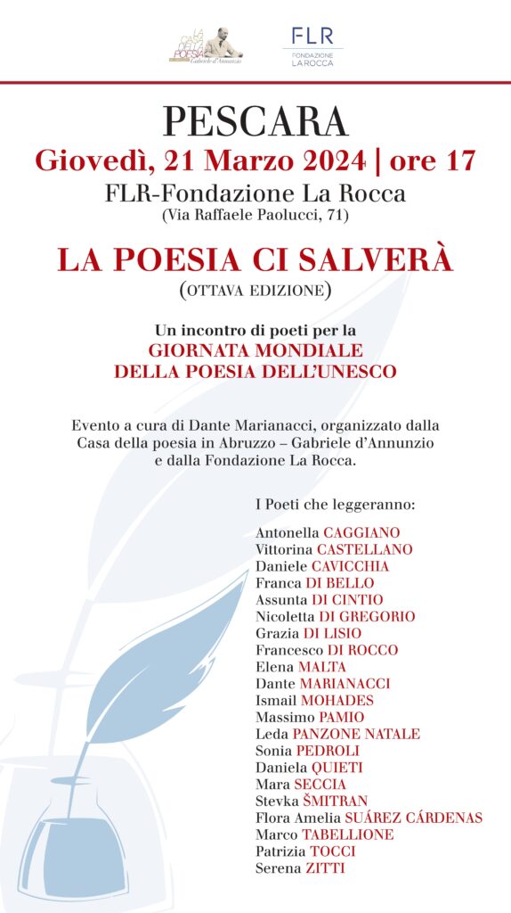 Pescara: LA POESIA CI SALVERÀ – Giovedì 21 marzo 2024, ore 17, Fondazione La Rocca