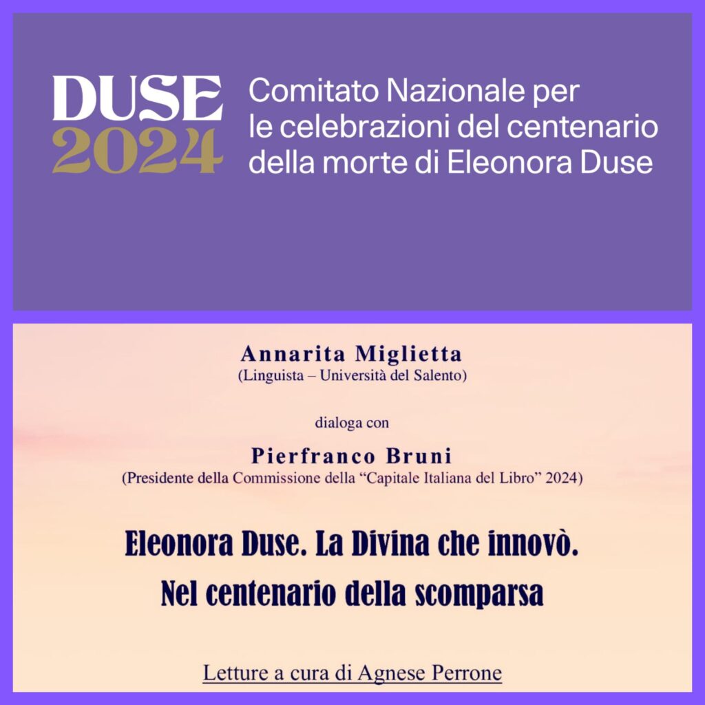 Appuntamento del Comitato Duse a Lecce con Annarita Miglietta, Unisalento, e Pierfranco Bruni. Eleonora Duse e Grazia Deledda