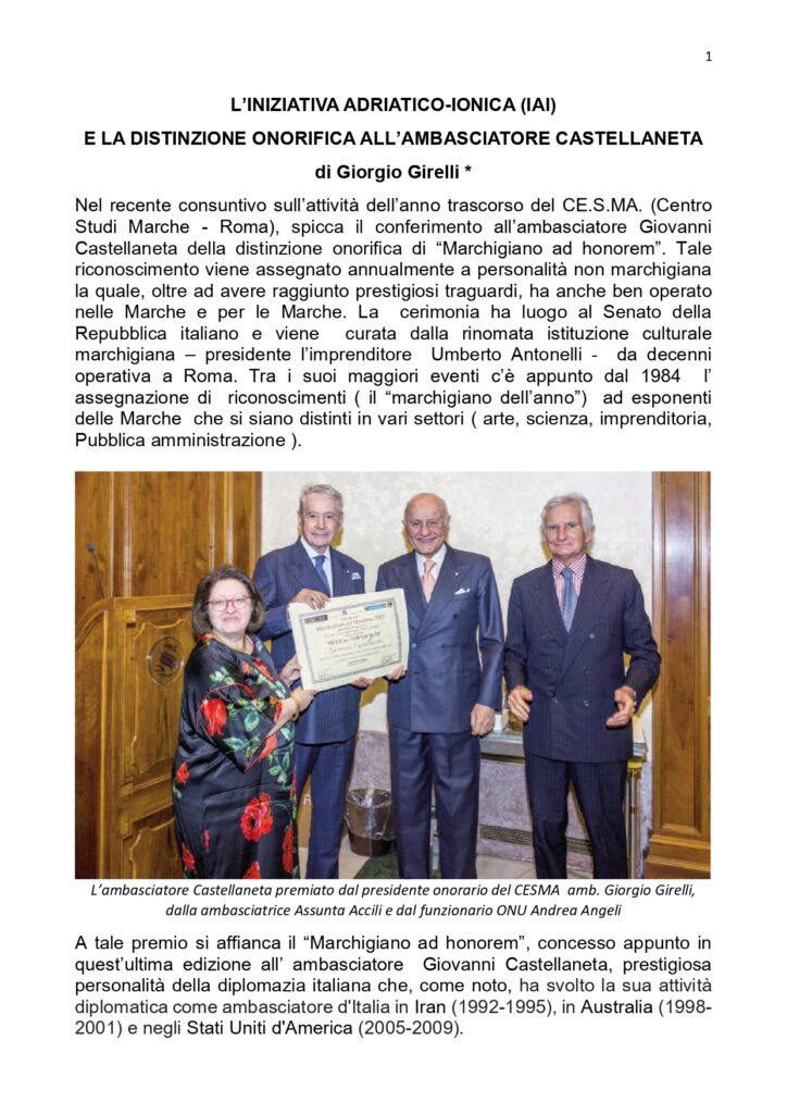 L’INIZIATIVA ADRIATICO-IONICA (IAI) E LA DISTINZIONE ONORIFICA ALL’AMBASCIATORE CASTELLANETA