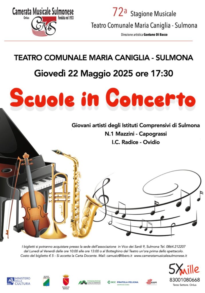CAMERATA MUSICALE – SCUOLE IN CONCERTO – 110 giovanissimi musicisti sul palco del Teatro Comunale “M.Caniglia” Sulmona giovedì 22 maggio ore 17.30