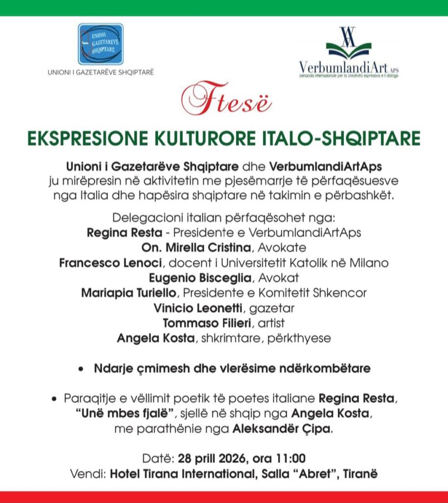 “VERBUM MUNDI” AL VIA A TIRANA – Espressione culturale italo-albanese tra dialogo, arte e giornalismo -Tirana, 28 aprile 2026, ore 11:00, Hotel Tirana International